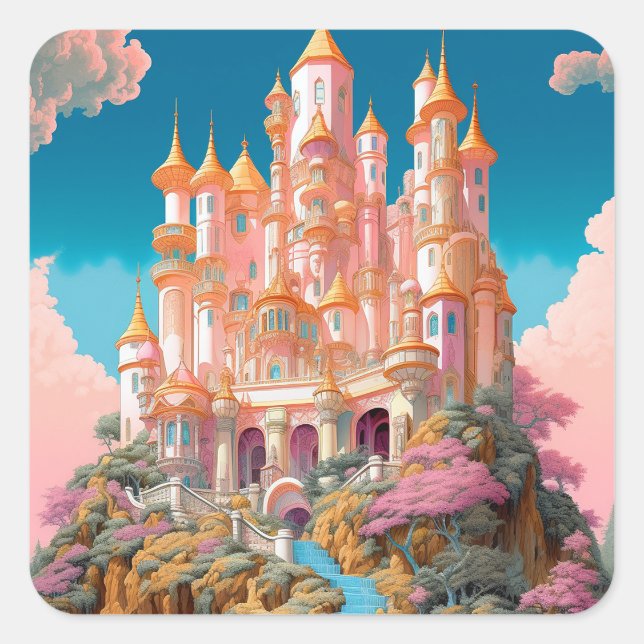 Sticker Carré Fairy Tale Castle Rose White Gold Imaginaire Art (Devant)
