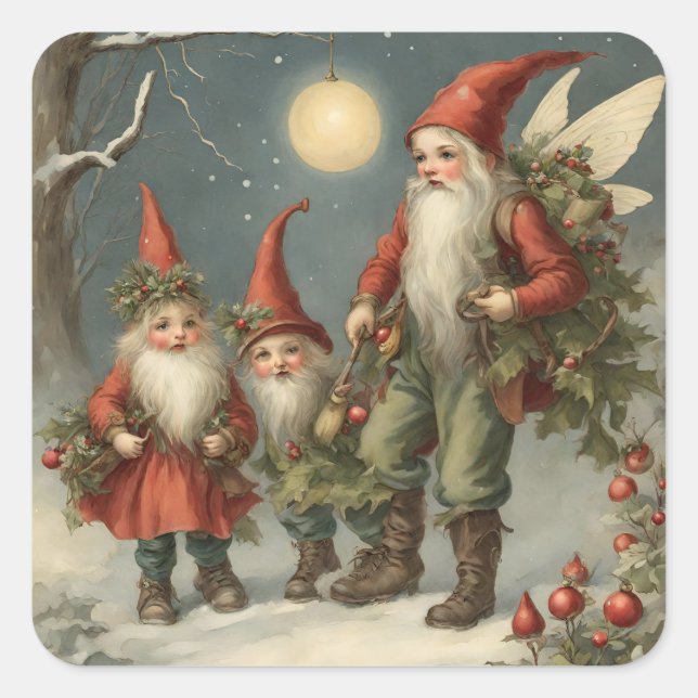 Sticker Carré Fairy Tale Christmas Gnome Family in Winter Forest (Devant)