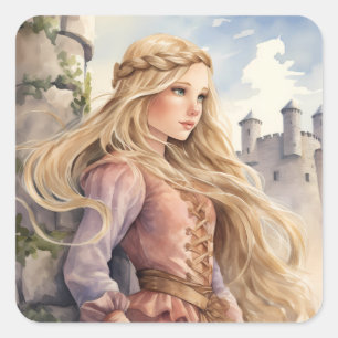 Sticker Carré Fairy Tale Princess Rapunzel et un château médiéva