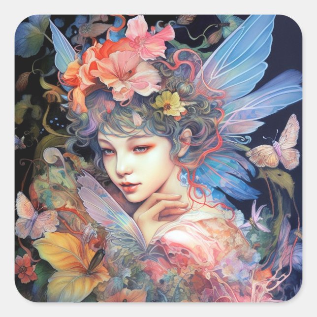 Sticker Carré Fairy Woman in Flowers Imaginaire Art (Devant)