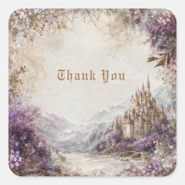 Sticker Carré Fairytale Castle Purple Floral Misty Mountain (Devant)