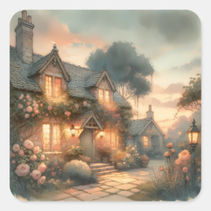 Sticker Carré Fairytale Cottage au coucher du soleil avec Rose