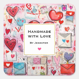 Sticker Carré Fait à la main avec amour Coeurs mignons et lettre
