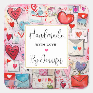 Sticker Carré Fait à la main avec amour Coeurs mignons et lettre