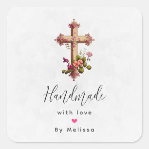 Sticker Carré Fait à la main avec amour Croix en bois avec fleur