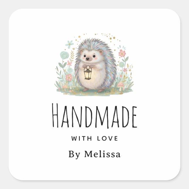 Sticker Carré Fait à la main avec amour Hérisson mignon avec lan (Devant)