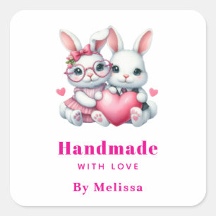 Sticker Carré Fait à la main avec amour Lapins mignons partagean