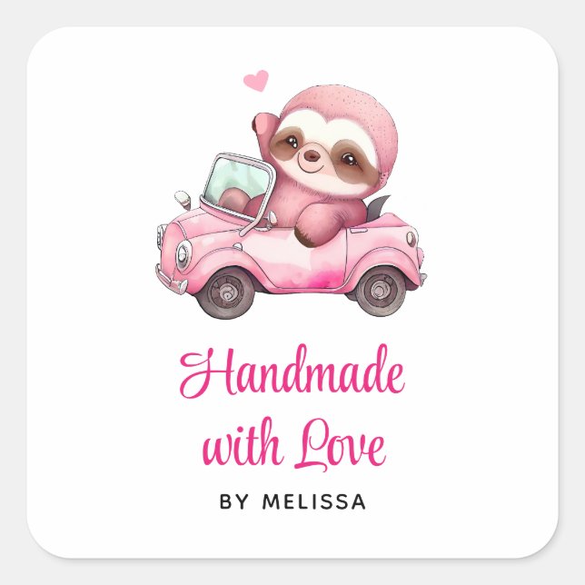 Sticker Carré Fait à la main avec amour Mignon paresseux rose co (Devant)