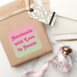 Sticker Carré Fait à la main avec amour par votre nom Pink & Gre