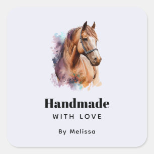 Sticker Carré Fait à la main avec amour Tête de cheval brun en a
