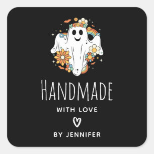 Sticker Carré Fait à la main avec l'amour Happy Ghost Retro Hipp