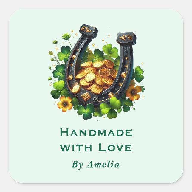 Sticker Carré Fait à la main avec Love Lucky Horseshoe et pièces (Devant)