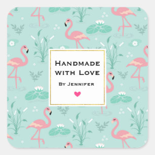 Sticker Carré Fait à la main avec Love Pastel Flamants roses ros