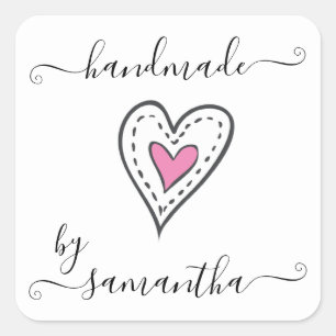 Sticker Carré Fait à la main par Custom Name Coeur Doodle Rose