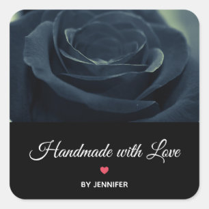 Sticker Carré Faite à la main avec amour noir Rose Fleur foncé g