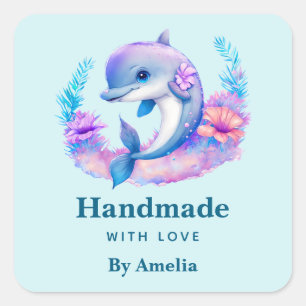 Sticker Carré Faite à la main avec l'amour mignon Dolphin Sea Cr