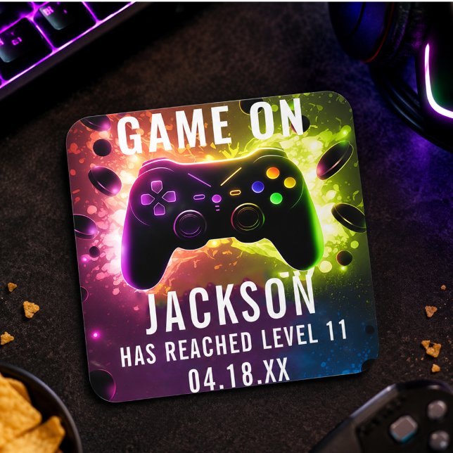 Sticker Carré  Faites Monter le Niveau ! Fête d'Anniversaire de  (Level Up! Neon Video Game Birthday Party Square Sticker)