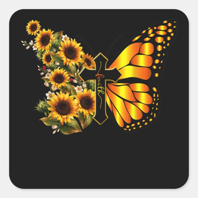 Sticker Carré Faith Cross Sunflower Butterfly Christian (Devant)