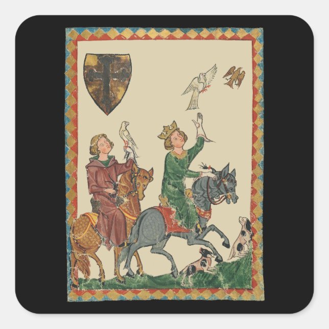 Sticker Carré Falconry, Manesse de Codex du XIVe siècle (Devant)