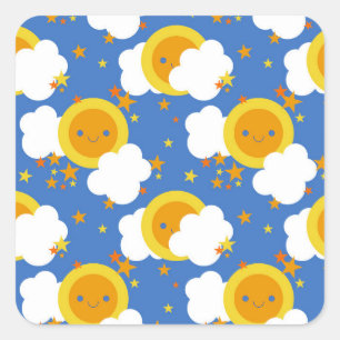 Sticker Carré Falln Kawaii Moon, Étoiles, Soleil