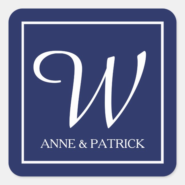 Sticker Carré Famille bleue monogramme initial & noms, mariage (Devant)