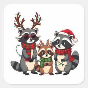 Sticker Carré Famille Correspondance de Noël Raccoons Santa Hat