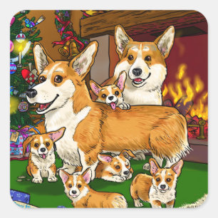 Sticker Carré Famille Cute Corgi