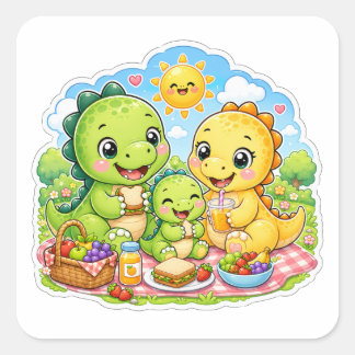 Sticker Carré Famille de dinosaures mignonne en illustration de