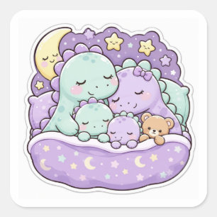 Sticker Carré Famille de dinosaures mignons à l'heure du coucher