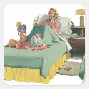 Sticker Carré Famille vintage servant le petit-déjeuner à maman