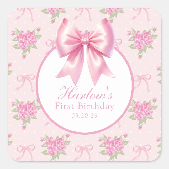 Sticker Carré Fancy One Rose Coquette Bow Anniversaire (Devant)