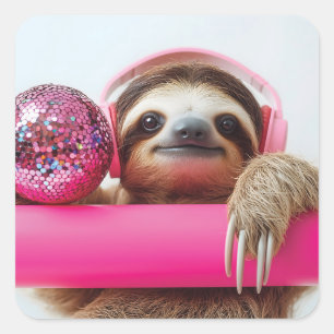 Sticker Carré Fanky Sloth avec casque rose et boule disco