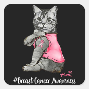 Sticker Carré Fantaisie Chat Pink Ribbon En Octobre Nous Portons