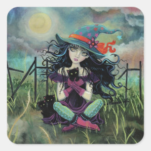 Sticker Carré Fantaisie de sorcière chaton par Molly Harrison