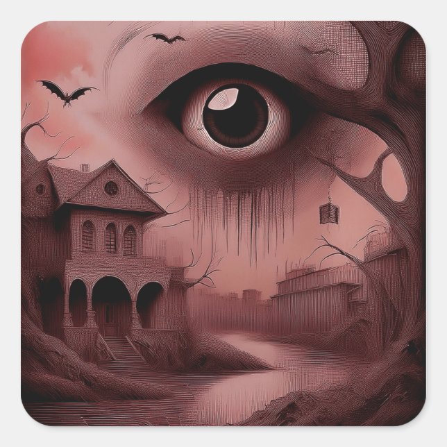 Sticker Carré Fantasy: Dilapidated House With Giant Eyeball  (Devant)