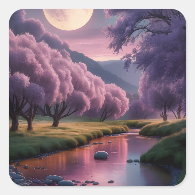 Sticker Carré Fantasy Moonlit River Dreamscape Illustration (Devant)