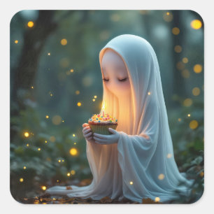 Sticker Carré Fantôme avec un gâteau d'anniversaire