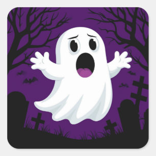 Sticker Carré Fantôme de dessin animé adorable dans un Halloween