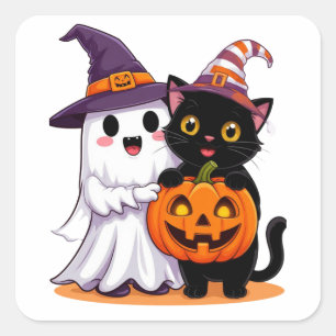 Sticker Carré Fantôme d'Halloween avec chat citrouille 👻