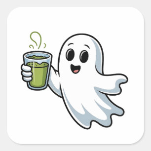 Sticker Carré Fantôme effrayant d'Halloween tenant un matcha