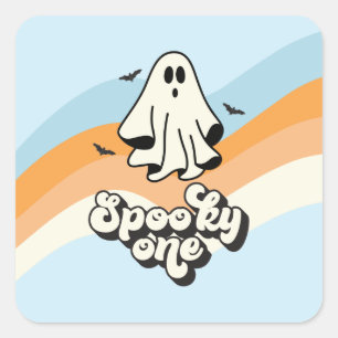 Sticker Carré Fantôme groovy rétro Halloween Effrayant Un Bleu