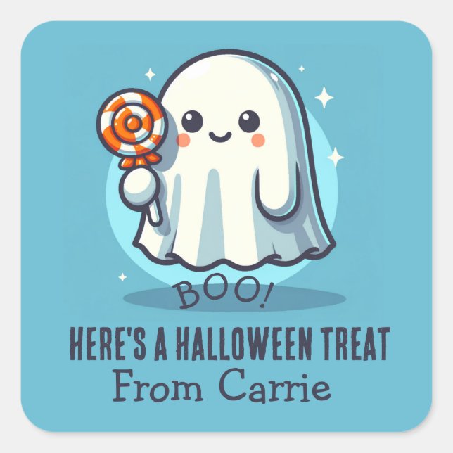 Sticker Carré Fantôme personnalisé avec bonbon Halloween Sac de  (Devant)