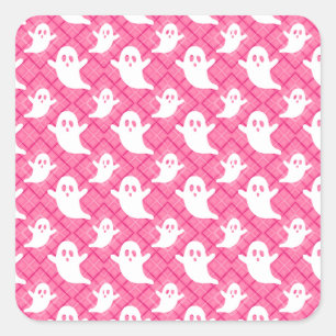 Sticker Carré Fantômes mignons sur plaid rose