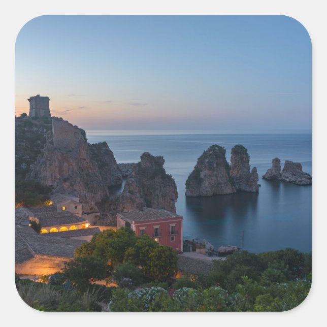 Sticker Carré Faraglioni et Tonnara à Scopello, Sicile (Devant)