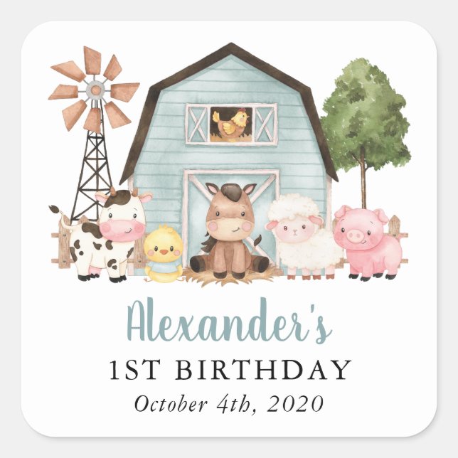 Sticker Carré Farm Animals, Cute Animals, Barn, First Birthday (Devant)