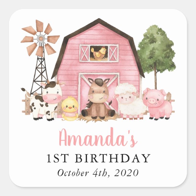 Sticker Carré Farm Animals, Cute Animals, Barn, First Birthday (Devant)