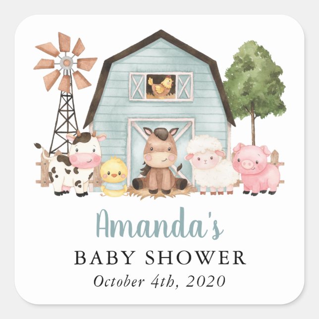 Sticker Carré Farm Animals, Cute Animals, Blue Barn, Baby Shower (Devant)