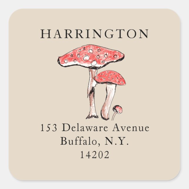 Sticker Carré Farmhouse Mushrooms Hand-Illustrated Address (Devant)