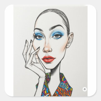 Sticker Carré Fashion Model Pop Art Portrait Blue Eyeshadow Red