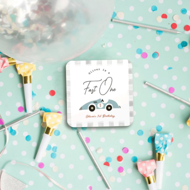 Sticker Carré Fast One Blue Race Car Boy 1er anniversaire (Créateur téléchargé)